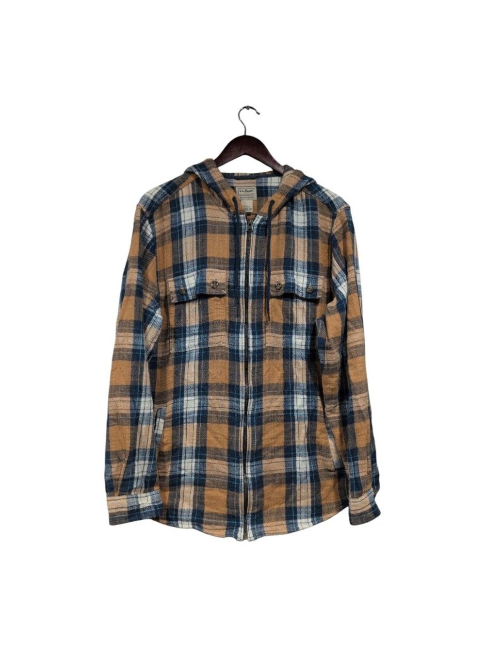 LL Bean Mens Plaid Zip Up Flannel Hoodie Shirt Orange Blue 1912 Field Sz L Tall